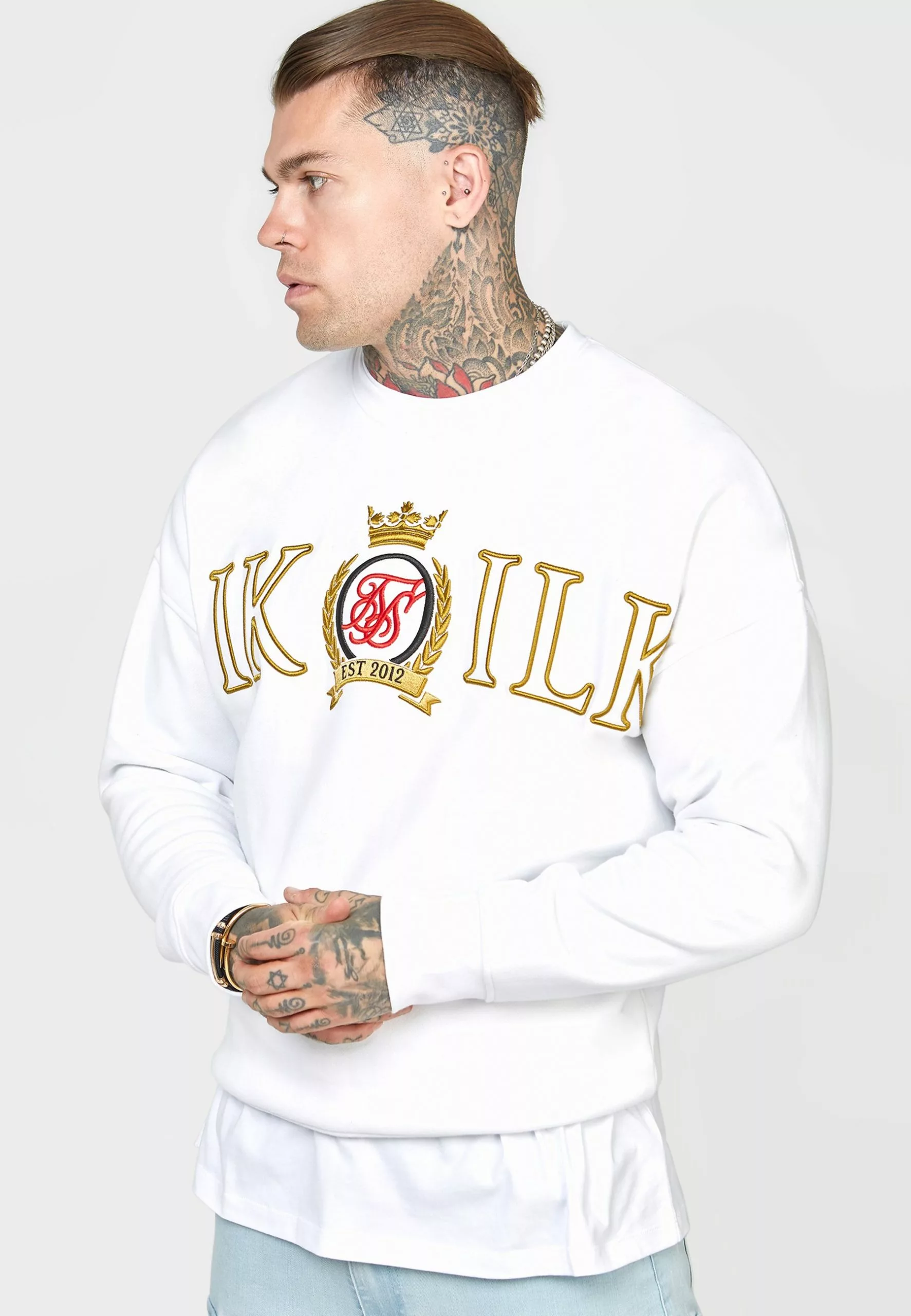 SikSilk Crest Embroidery- Sweater - White 3 SikSilk Crest Embroidery- Sweater - White