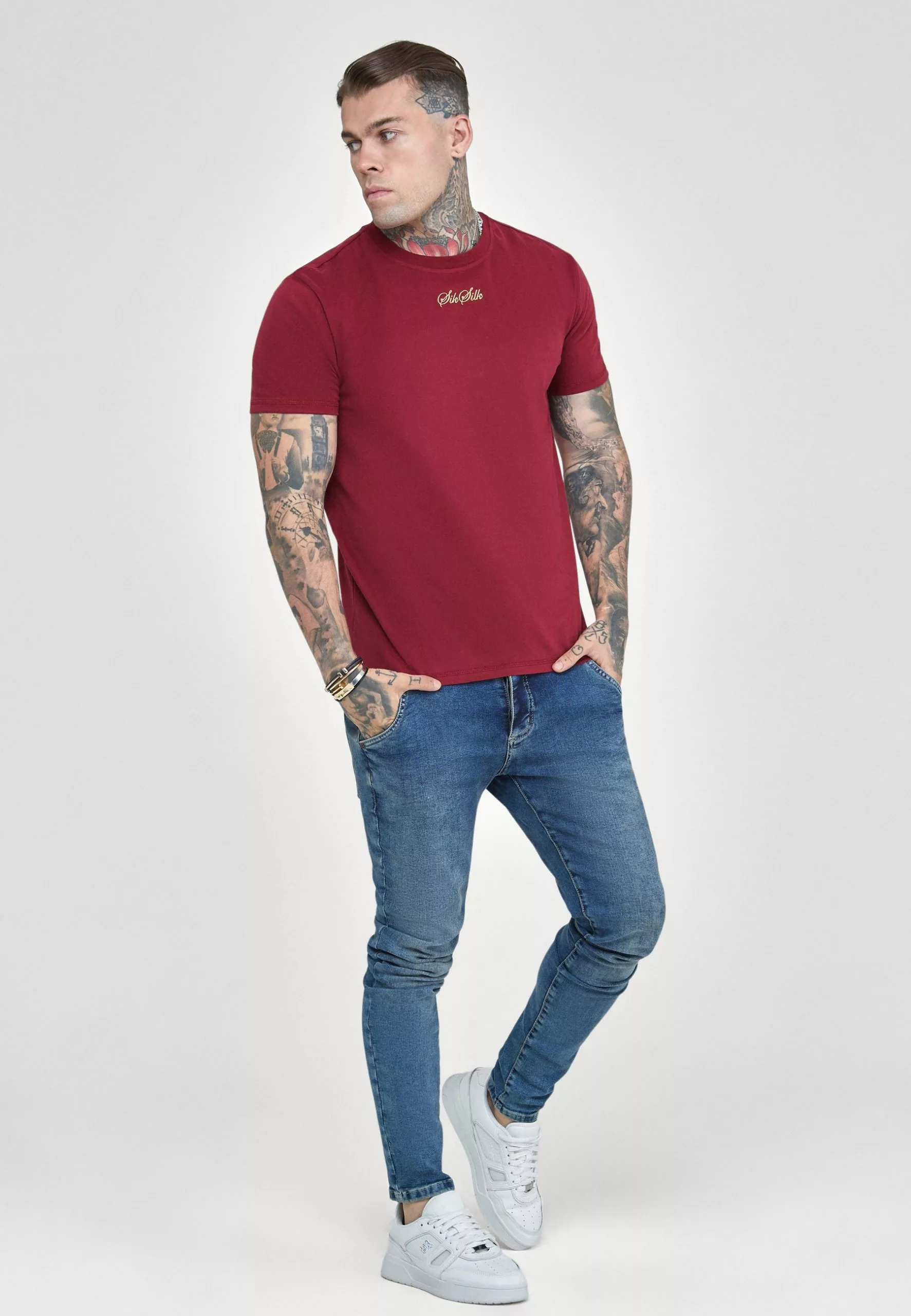 SikSilk Embossed Logo Oversized- T-Shirt Basic - Burgundy 4 SikSilk Embossed Logo Oversized- T-Shirt Basic - Burgundy - Afbeelding 2