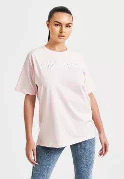 SikSilk Embroidered Boyfriend- T-Shirt Print - Pink