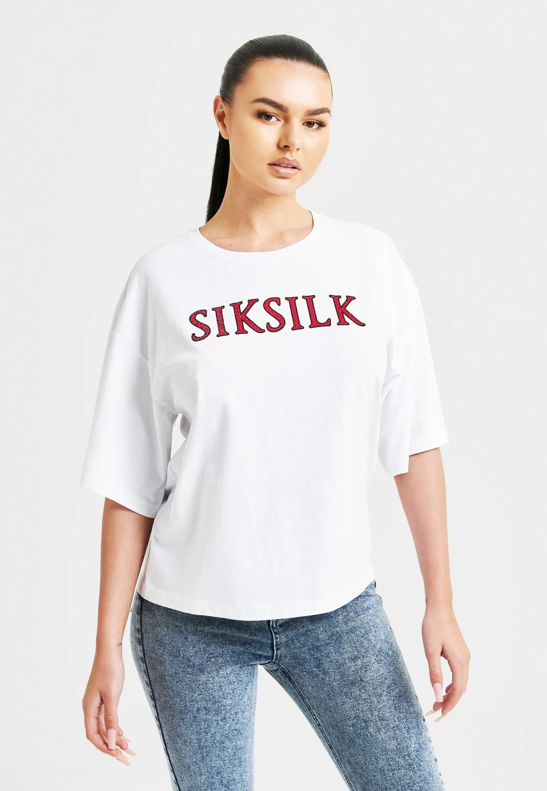SikSilk Boxy Fit Rhinestone - T-Shirt Print - White 3 SikSilk Boxy Fit Rhinestone - T-Shirt Print - White